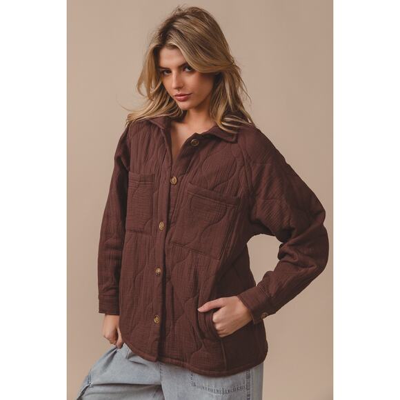 BiBi Quilted Wrinkle Gauze Long Sleeves Chest Pockets Oversized Shacket | Mocha - Picture 2 of 6